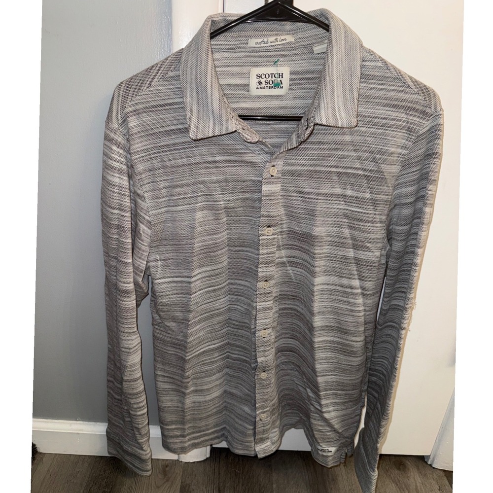 Scotch & Soda Amsterdam Mens Grey Space Dye Knit Long Sleeve Button Down Shirt M